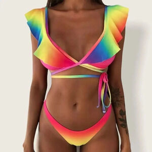 NEW! Rainbow Ombré Ruffle Trim Wrap Bikini 🌈